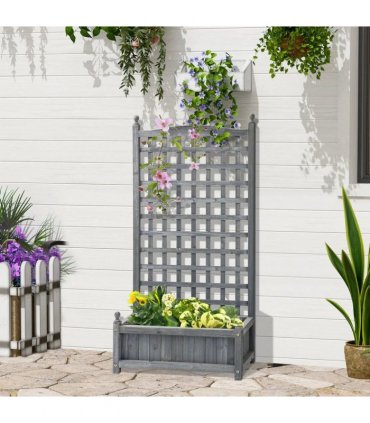Outsunny Garden Planters with Trellis for Climbing Vines, Wood Raised Beds for Garden, Flower Pot, Indoor Outdoor, Grey