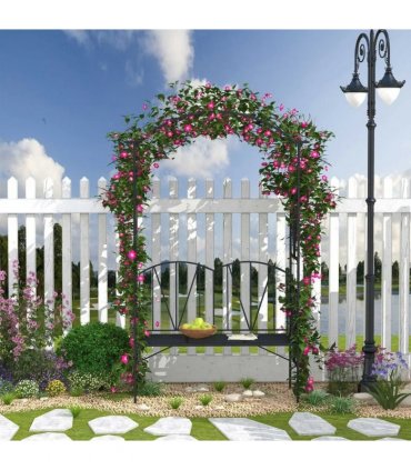 Outsunny Garden Bench, 2 Seater Outdoor Patio Bench, Metal Garden Loveseat with Arch for Vines and Climbing Plants, Black