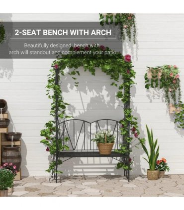 Outsunny Garden Bench, 2 Seater Outdoor Patio Bench, Metal Garden Loveseat with Arch for Vines and Climbing Plants, Black