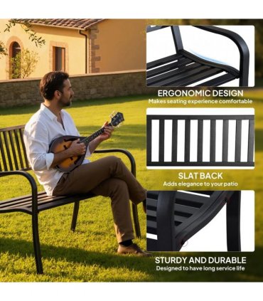 Outsunny Metal Garden Bench Loveseat with Slatted Seat, Black