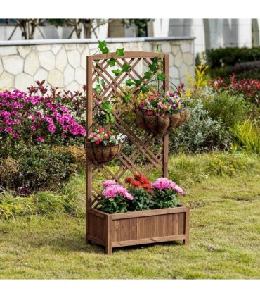 Outsunny Garden Planter with Trellis, Wooden Raised Bed for Garden with Lattice Trellis for Vegetables, Herbs and Flowers, Brown