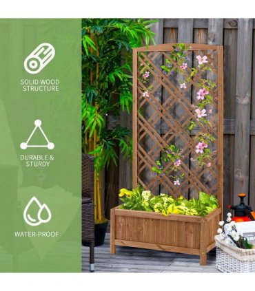 Outsunny Garden Planter with Trellis, Wooden Raised Bed for Garden with Lattice Trellis for Vegetables, Herbs and Flowers, Brown
