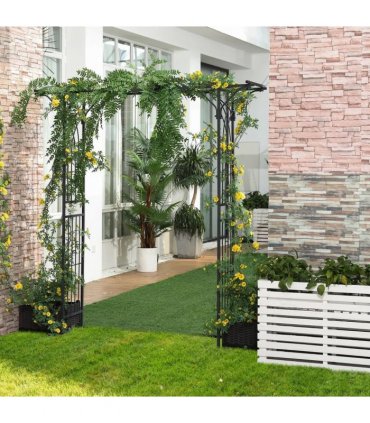 Outsunny 210cm Decorative Metal Garden Trellis Arch with Durable Steel Tubing & Elegant Scrollwork, Great for Weddings, Dark Gre