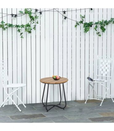 Outsunny Round Outdoor Side Table Adjustable Leg Pads Garden Table 49 x 49 x 48 cm Natural Wood & Black
