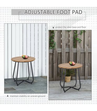 Outsunny Round Outdoor Side Table Adjustable Leg Pads Garden Table 49 x 49 x 48 cm Natural Wood & Black