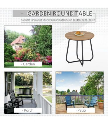Outsunny Round Outdoor Side Table Adjustable Leg Pads Garden Table 49 x 49 x 48 cm Natural Wood & Black
