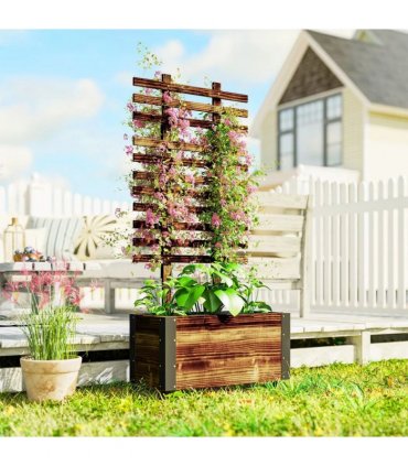 Outsunny Raised Garden Bed with Trellis, Outdoor Wooden Planter Box with Metal Corners and Wheels, Raised Bed for Garden