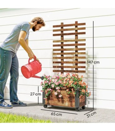 Outsunny Raised Garden Bed with Trellis, Outdoor Wooden Planter Box with Metal Corners and Wheels, Raised Bed for Garden