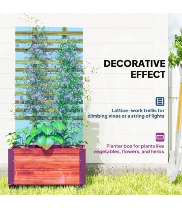 Outsunny Raised Garden Bed with Trellis, Outdoor Wooden Planter Box with Metal Corners and Wheels, Raised Bed for Garden