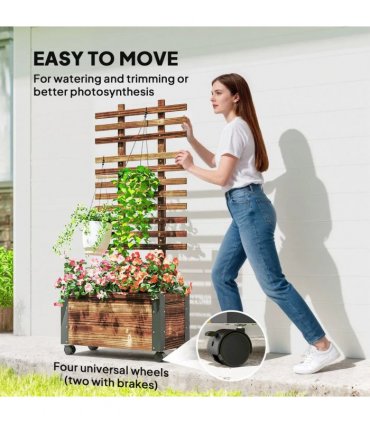 Outsunny Raised Garden Bed with Trellis, Outdoor Wooden Planter Box with Metal Corners and Wheels, Raised Bed for Garden