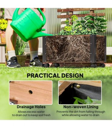 Outsunny Raised Garden Bed with Trellis, Outdoor Wooden Planter Box with Metal Corners and Wheels, Raised Bed for Garden