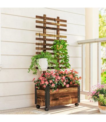 Outsunny Raised Garden Bed with Trellis, Outdoor Wooden Planter Box with Metal Corners and Wheels, Raised Bed for Garden