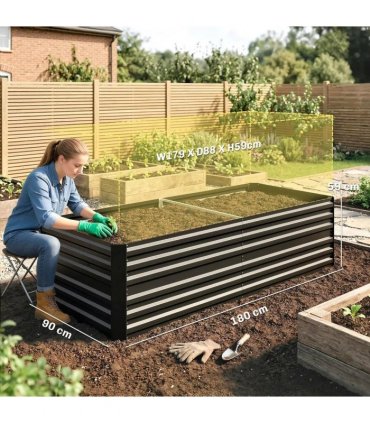 Outsunny Raised Beds for Garden, Galvanised Steel Outdoor Planters with Multi-reinforced Rods, 180 x 90 x 59 cm, Black