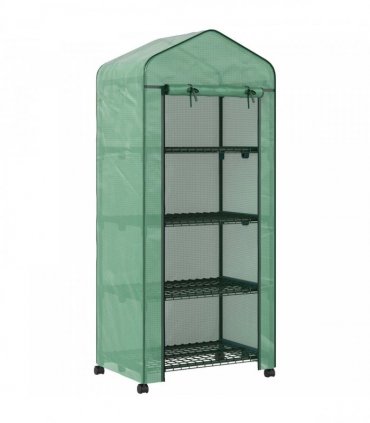 Outsunny 4 Tier Mini Portable Greenhouse Compact Plant Grow Shed Metal Frame PE Cover with Lockable Rolling Wheels , Green