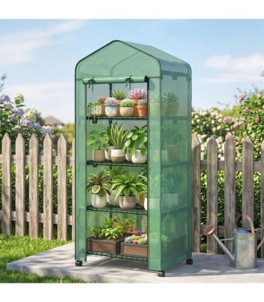 Outsunny 4 Tier Mini Portable Greenhouse Compact Plant Grow Shed Metal Frame PE Cover with Lockable Rolling Wheels , Green