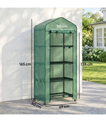 Outsunny 4 Tier Mini Portable Greenhouse Compact Plant Grow Shed Metal Frame PE Cover with Lockable Rolling Wheels , Green