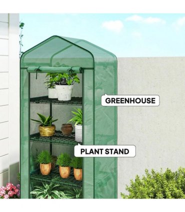 Outsunny 4 Tier Mini Portable Greenhouse Compact Plant Grow Shed Metal Frame PE Cover with Lockable Rolling Wheels , Green