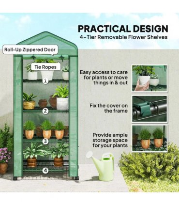 Outsunny 4 Tier Mini Portable Greenhouse Compact Plant Grow Shed Metal Frame PE Cover with Lockable Rolling Wheels , Green