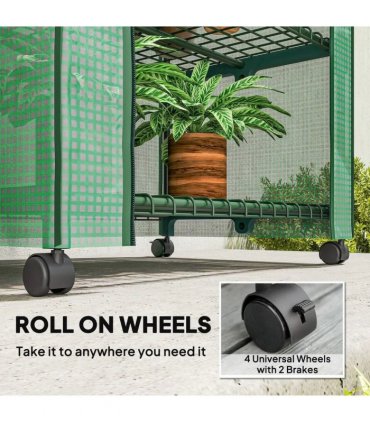Outsunny 4 Tier Mini Portable Greenhouse Compact Plant Grow Shed Metal Frame PE Cover with Lockable Rolling Wheels , Green