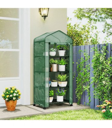 Outsunny 4 Tier Mini Portable Greenhouse Compact Plant Grow Shed Metal Frame PE Cover with Lockable Rolling Wheels , Green
