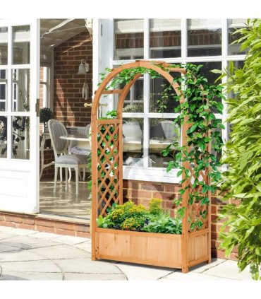 Outsunny Raised Garden Bed with Arch Trellis, Freestanding Garden Planter Box for Vine Climbing Plant Flower Herb, Brown
