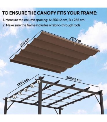 Outsunny Retractable Pergola Cover, 2.55 x 2.5 m Replacement Canopy Fabric for 3 x 3 m Frame, Roof Top Only, Brown