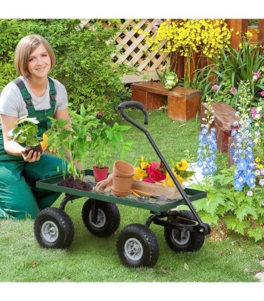 Outsunny Garden Trolley Cart, Heavy Duty Garden Cart with Metal Frame, 10" Pneumatic Wheels, Rotating Handle, 150kg Capacity, for Garden, Farm, Green