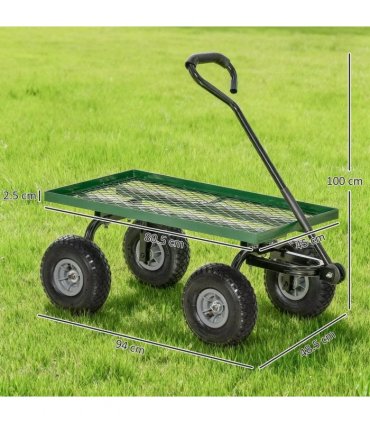 Outsunny Garden Trolley Cart, Heavy Duty Garden Cart with Metal Frame, 10" Pneumatic Wheels, Rotating Handle, 150kg Capacity, for Garden, Farm, Green