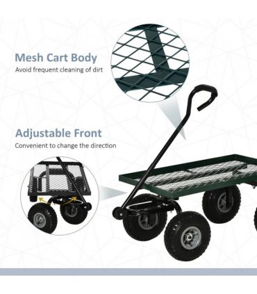 Outsunny Garden Trolley Cart, Heavy Duty Garden Cart with Metal Frame, 10" Pneumatic Wheels, Rotating Handle, 150kg Capacity, for Garden, Farm, Green
