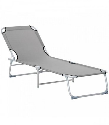 Outsunny Reclining Sun Lounger Chair Folding Camping Bed with 4-Position Adjustable Backrest, Grey