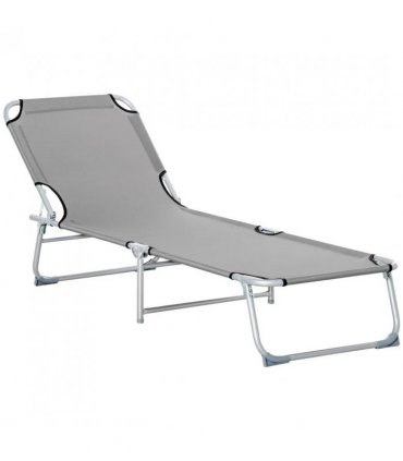 Outsunny Reclining Sun Lounger Chair Folding Camping Bed with 4-Position Adjustable Backrest, Grey
