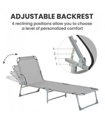 Outsunny Reclining Sun Lounger Chair Folding Camping Bed with 4-Position Adjustable Backrest, Grey