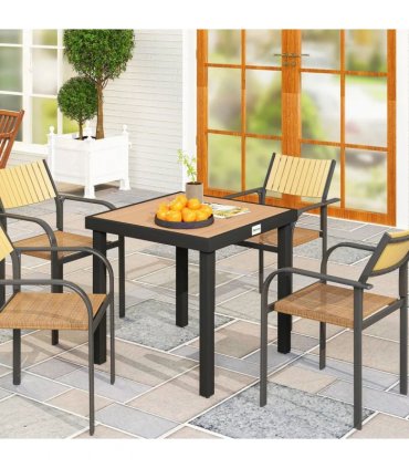 Outsunny 78 cm Garden Dining Table for 4 People, Square Outdoor Coffee End Side Table with Aluminium Legs, Natural Wood Finish