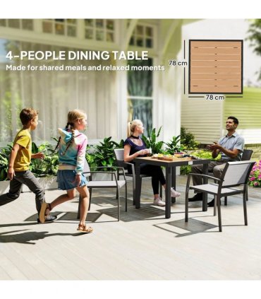Outsunny 78 cm Garden Dining Table for 4 People, Square Outdoor Coffee End Side Table with Aluminium Legs, Natural Wood Finish