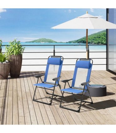 Outsunny Folding Garden Chairs Set of 2, 5-Position Recliner Camping Chair with High Back, All Weather Texteline Seat, Portable Outdoor Dining Chairs with Headrests for Patio, Picnic, Blue
