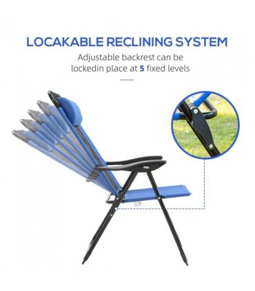 Outsunny Folding Garden Chairs Set of 2, 5-Position Recliner Camping Chair with High Back, All Weather Texteline Seat, Portable Outdoor Dining Chairs with Headrests for Patio, Picnic, Blue