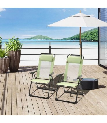 Outsunny Folding Garden Chairs Set of 2, 5-Position Recliner Camping Chair with High Back, All Weather Texteline Seat, Portable Outdoor Dining Chairs with Headrests for Patio, Picnic, Green