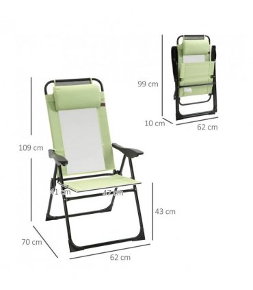 Outsunny Folding Garden Chairs Set of 2, 5-Position Recliner Camping Chair with High Back, All Weather Texteline Seat, Portable Outdoor Dining Chairs with Headrests for Patio, Picnic, Green