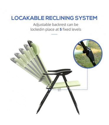 Outsunny Folding Garden Chairs Set of 2, 5-Position Recliner Camping Chair with High Back, All Weather Texteline Seat, Portable Outdoor Dining Chairs with Headrests for Patio, Picnic, Green