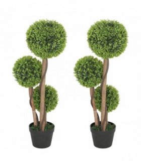 HOMCOM Decorative Artificial Trees Boxwood Ball Topiary Trees Set of 2 in Pot, Fake Plants for Home Indoor Outdoor Decor