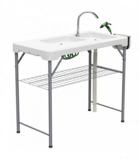 Outsunny Folding Fish Cleaning Table with Sinks, Portable Camping Sink Table with Faucet, Drainage Hose