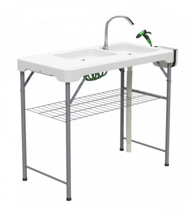 Outsunny Folding Fish Cleaning Table with Sinks, Portable Camping Sink Table with Faucet, Drainage Hose