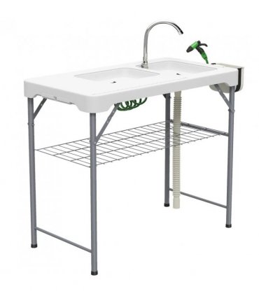 Outsunny Folding Fish Cleaning Table with Sinks, Portable Camping Sink Table with Faucet, Drainage Hose