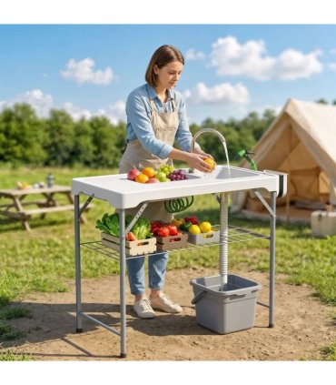Outsunny Folding Fish Cleaning Table with Sinks, Portable Camping Sink Table with Faucet, Drainage Hose