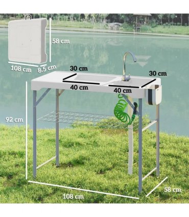 Outsunny Folding Fish Cleaning Table with Sinks, Portable Camping Sink Table with Faucet, Drainage Hose