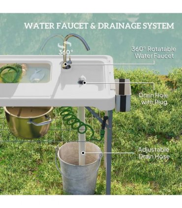 Outsunny Folding Fish Cleaning Table with Sinks, Portable Camping Sink Table with Faucet, Drainage Hose