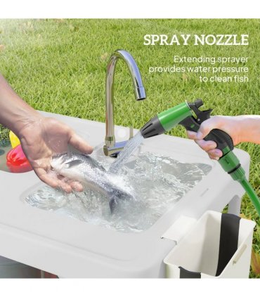 Outsunny Folding Fish Cleaning Table with Sinks, Portable Camping Sink Table with Faucet, Drainage Hose