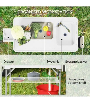 Outsunny Folding Fish Cleaning Table with Sinks, Portable Camping Sink Table with Faucet, Drainage Hose