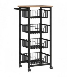 HOMCOM Four Basket Mobile Kitchen Island, with Brakes - Oak/Black