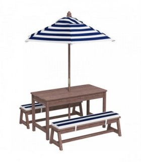 AIYAPLAY Outdoor Wooden Kids Picnic Table & Bench Set with Cushions and Umbrella, for Patio, Garden, Navy Blue